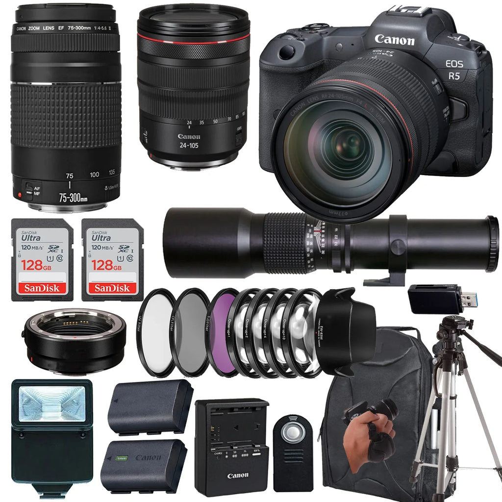 EF Lens+500mm III (24PC) Camera f/4L Mirrorless f/4 RF Lens+case+256Memory 75-300mm Canon Preset Cards f/8 EOS Canon USM IS L R5 24-105mm with Lens+ Telephoto