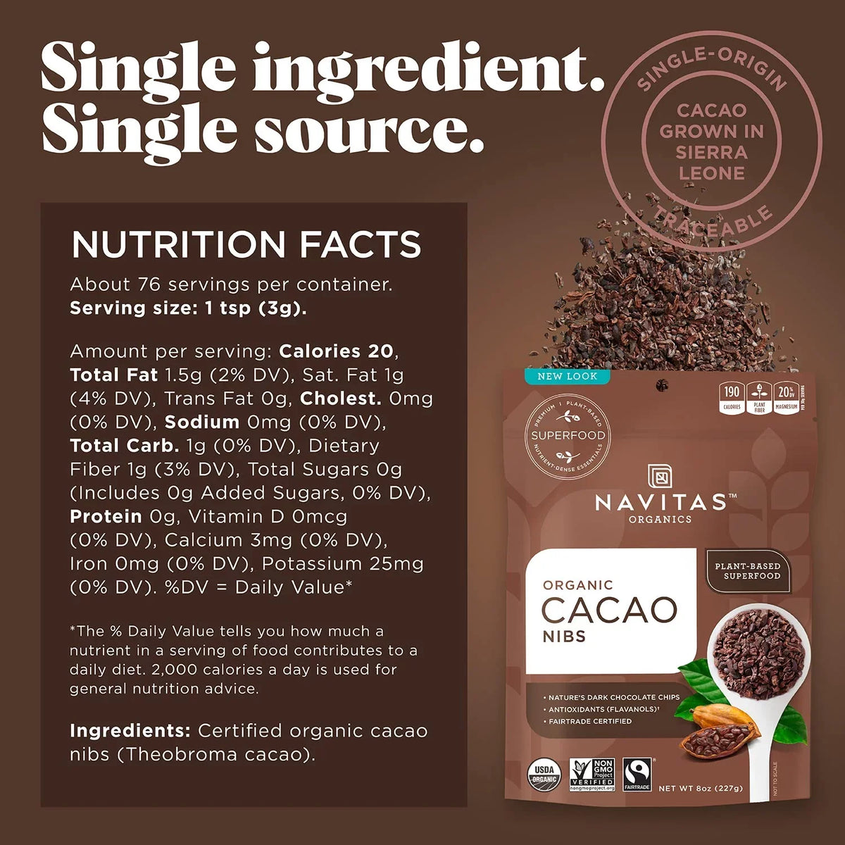 Organic, Nibs, Servings 76 Non-GMO, Gluten-Free Raw Trade, oz. Cacao Navitas Bag, Fair 8 Organics