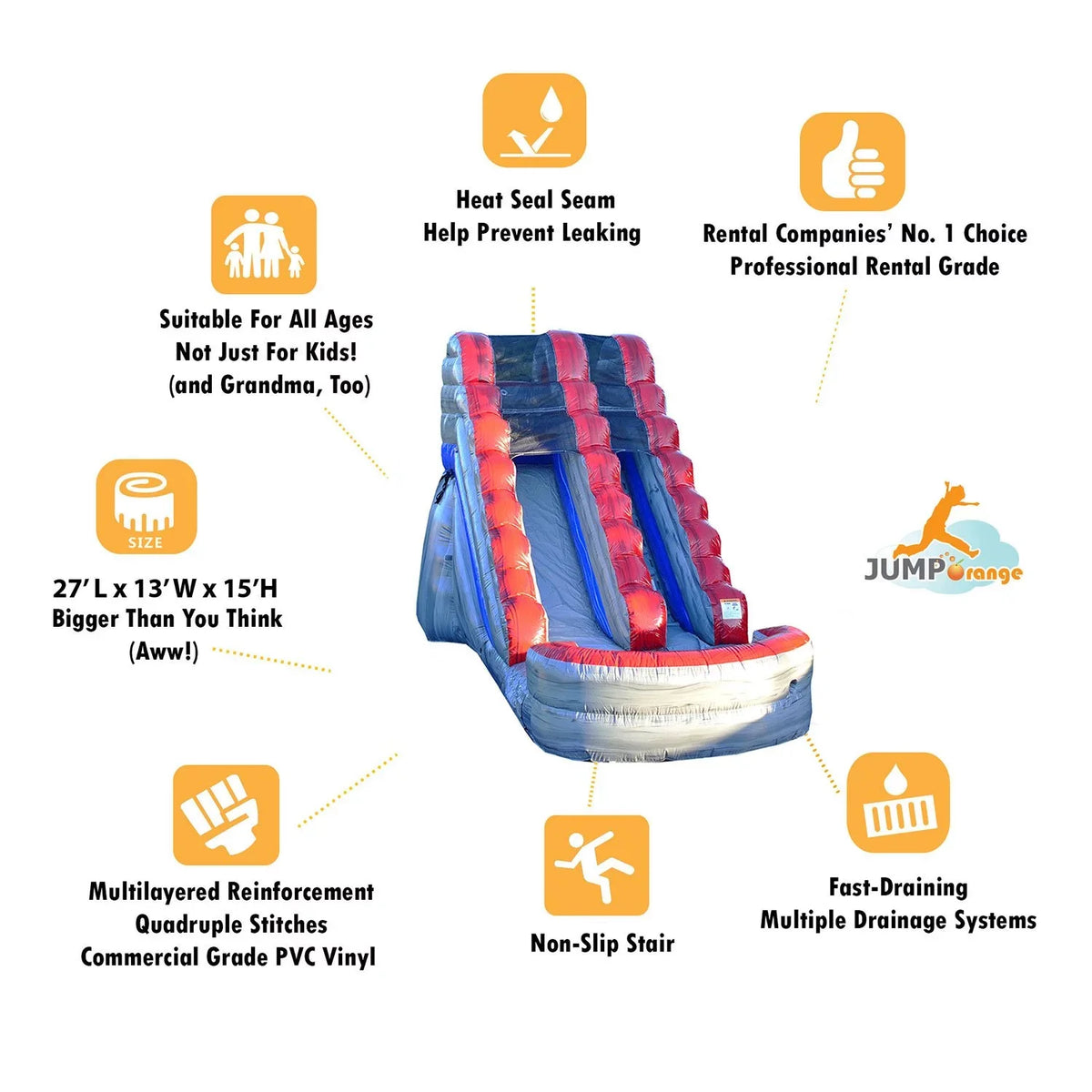 | Adults Blower, Bag Inflatable 28-Foot x and Includes | Stakes Wide x | 15-Foot Pool for Titanium Commercial Slide Splash Water Grade Long 13-Foot JumpOrange with Tall Storage and Kids