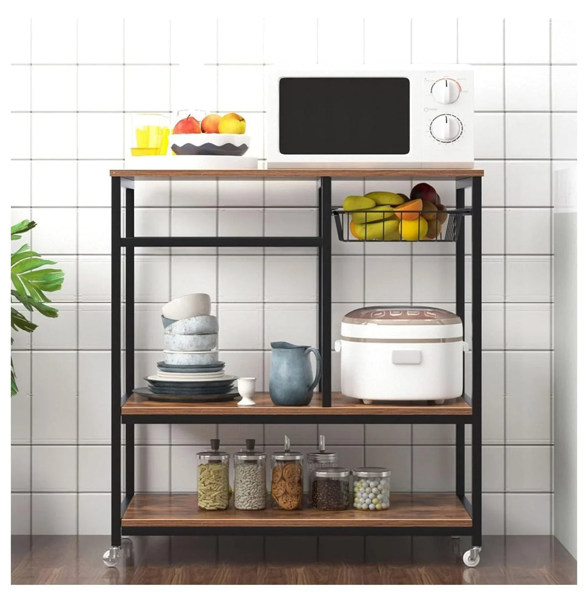 oddfain Kitchen with Brown on Wheels Station, 3 Serving Tier Bakers for Dark Microwave Kitchen Coffee Rolling Cart Rack Cart Utility Carts Outdoor Storage Bar