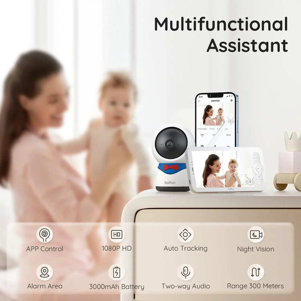 Detection 300M Monitor Night Video BOIFUN Vision, Monitor Remote & APP, Auto Motion Audio Smart Pan-Tilt-Zoom, Camera with Baby Baby with 5'' and Range, Long Track, 1080P, Two-way