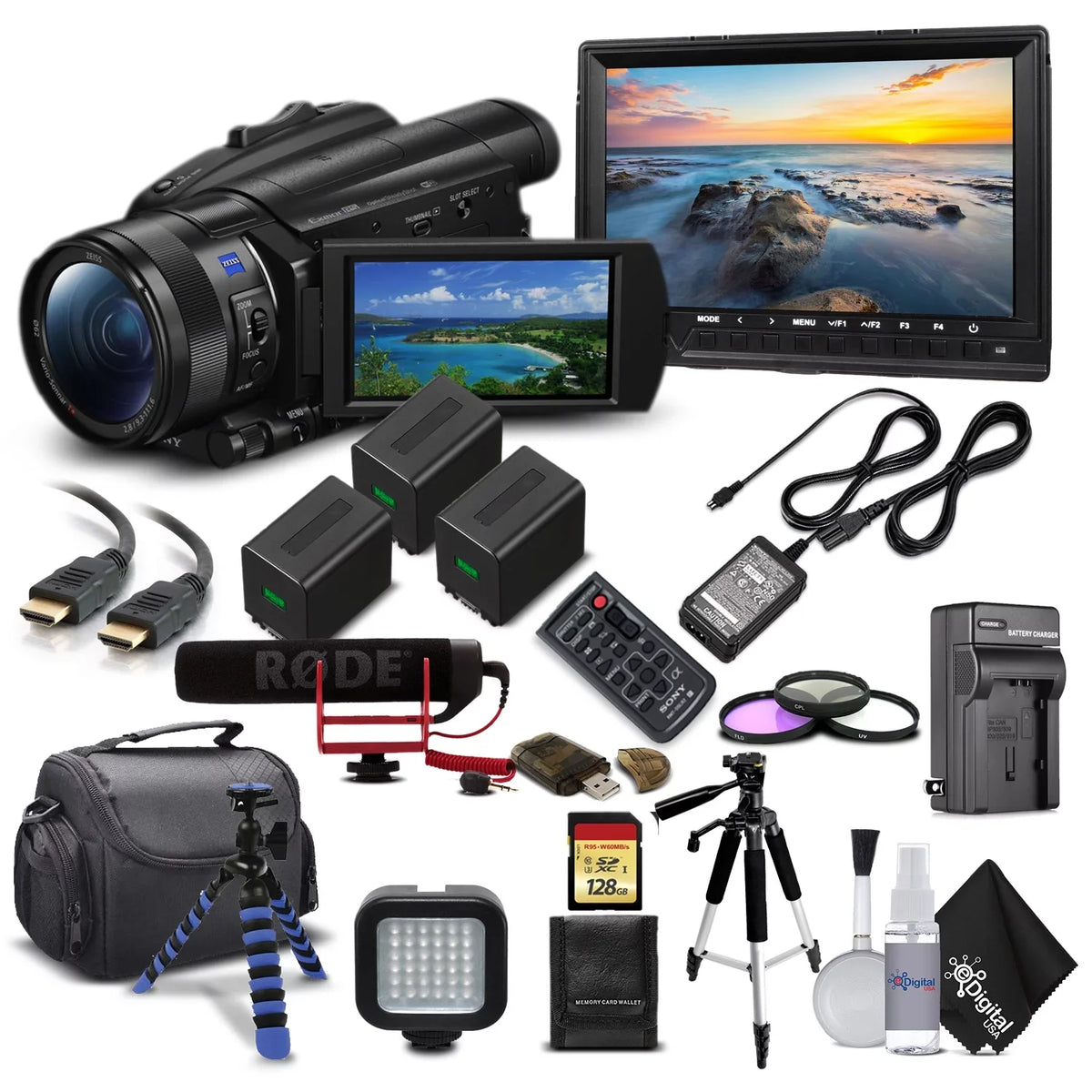 HD 2 Charger Handycam Memory 128GB Batteries Case and + Card 4K M Extra Camera Video FDR-AX700 Camcorder + + +