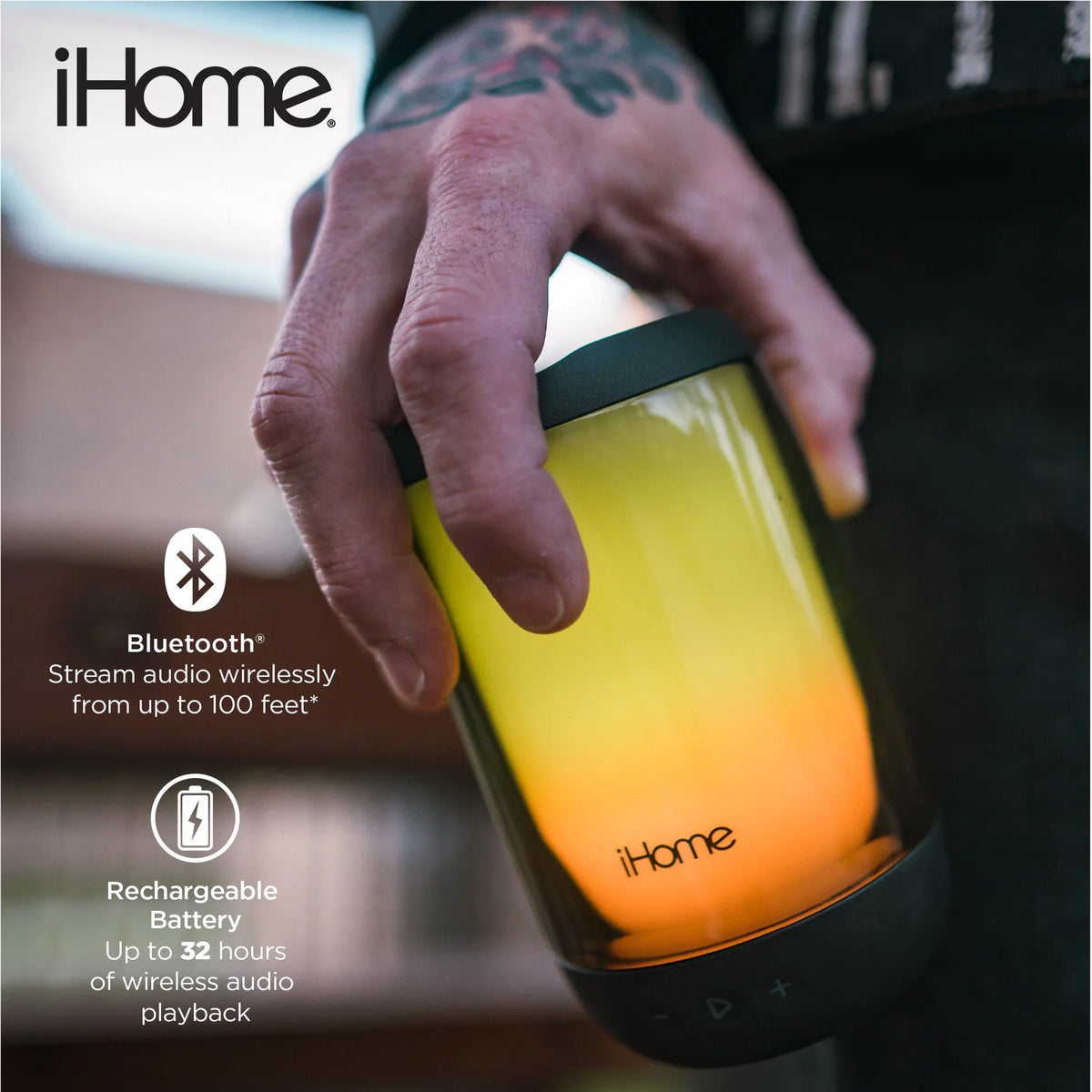 Waterproof Bluetooth Speaker with Glow + Mega Changing Battery Color Rechargeable iHome Play
