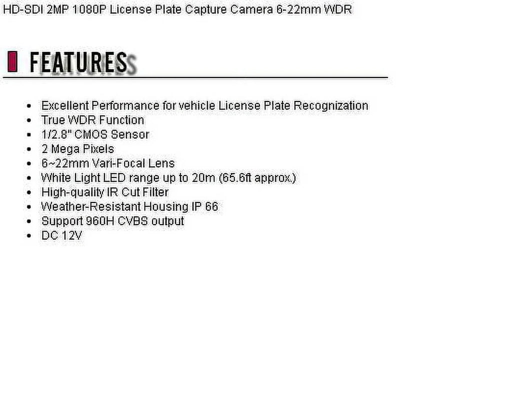 1080P Plate HD-SDI CCTV 2MP Camera Capture WDR License 6-22mm