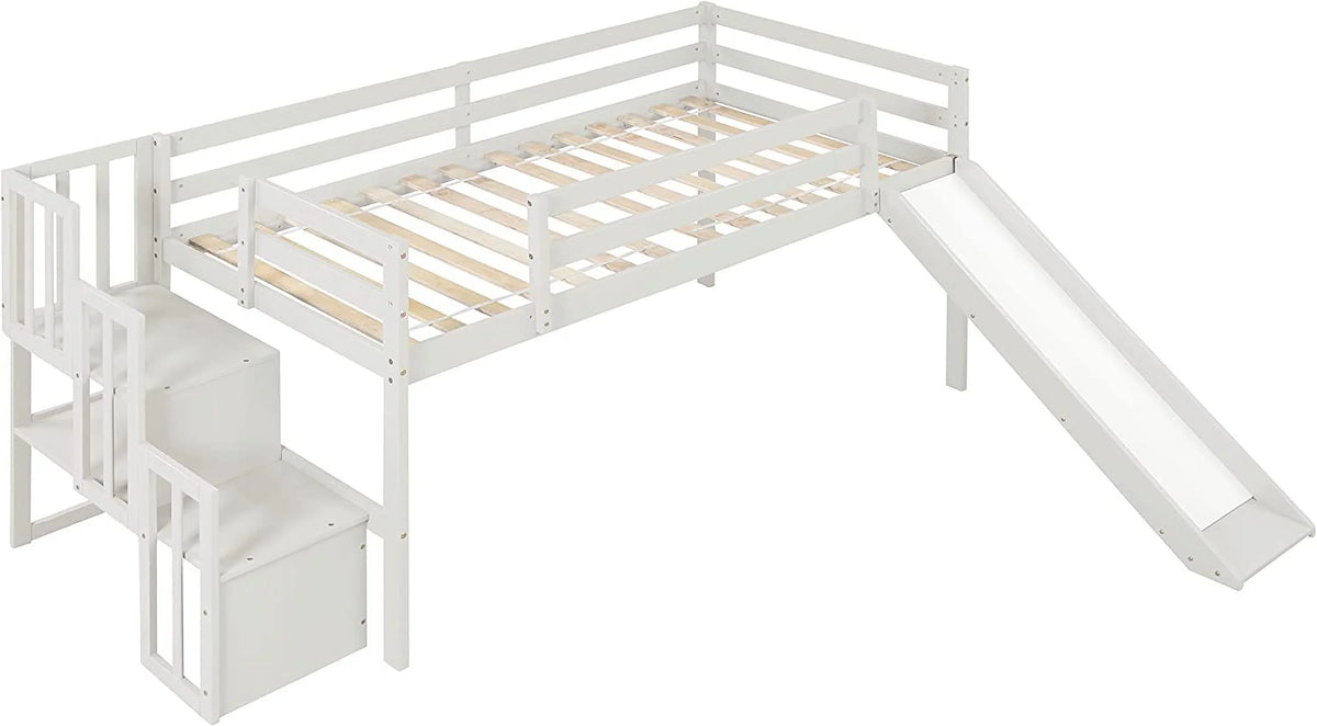 Needed Loft with Size (White) Teens Twin Loft Spring Frame and for Wood Low Bright with Toddlers Box Stairs Rail &amp; Harper Designs No Bed Bed Safety NLTBONNIE Slide