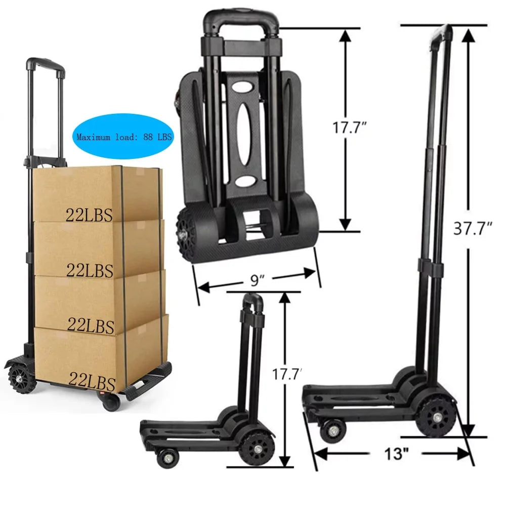 Black Big Cart siisll Travel Use. Luggage Hand Collapsible Folding Utility Moving Cart Cart Capacity for for Wheels Office with Platform Duty Heavy for and Truck Lightweight Luggage Home, Folding Cart
