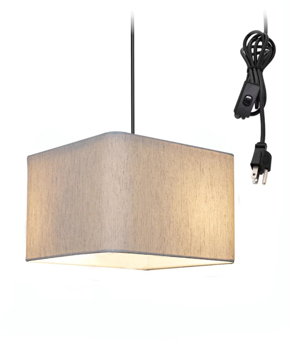 Pendant Drum 1 Square Plug-In Swag 14"w Shade, Oatmeal Cord Rounded Black Corner Light