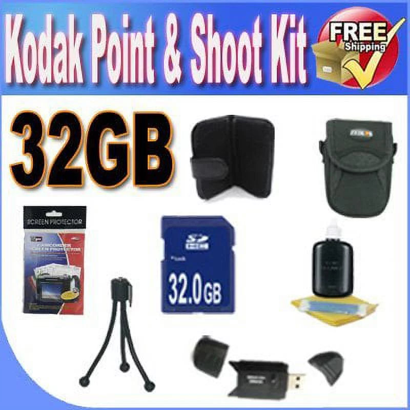 SDHC LCD Saver Point Camera Card + Kodak Deluxe Memory Reader + Case & Shoot Scree USB w/Strap (32GB Accessory + Bundle
