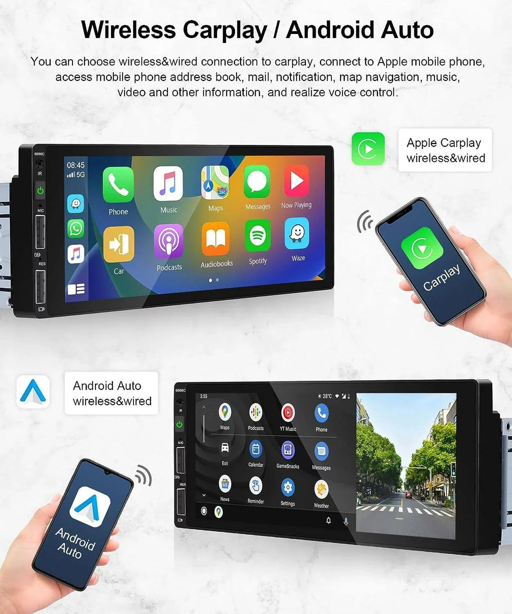 Podofo Mirror Player Car Radio Android HD Carplay USB,with Mic&Backup Link Camera Single Wireless Multimedia Bluetooth 6.86'' Touchscreen Car Audio Din Stereo 1 FM MP5 Auto Receiver