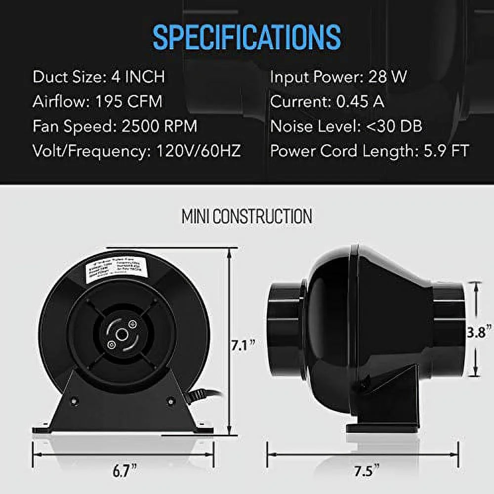 Combo for 8 Controller, Vent 195 Speed 4 Rope noise Grow Monitor, Fan Tent Filter, Humidity Feet Circulation Low CFM 1-Pair and iPower Carbon Inline Ducting, Air Blower, Inch Temperature Ventilation