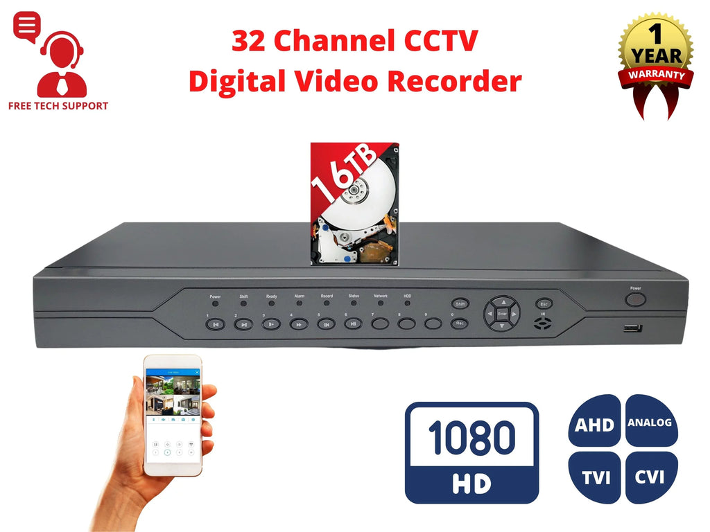 DVR 16TB HDD TVI and Security Evertech Analog Recorder Surveillance 32 CVI Channel 1080p with AHD