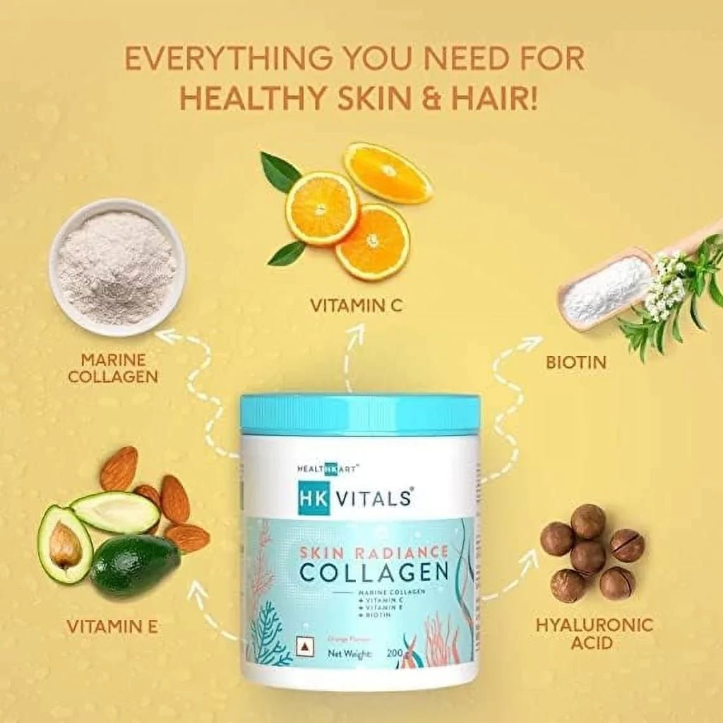 Radiance HK Collagen 200 Skin & Biotin, Vitals and Hyaluronate, Nails, Sodium Healthy BAVI C, for Supplement, Vitamin HealthKart E, Orange, Hair Skin, g with