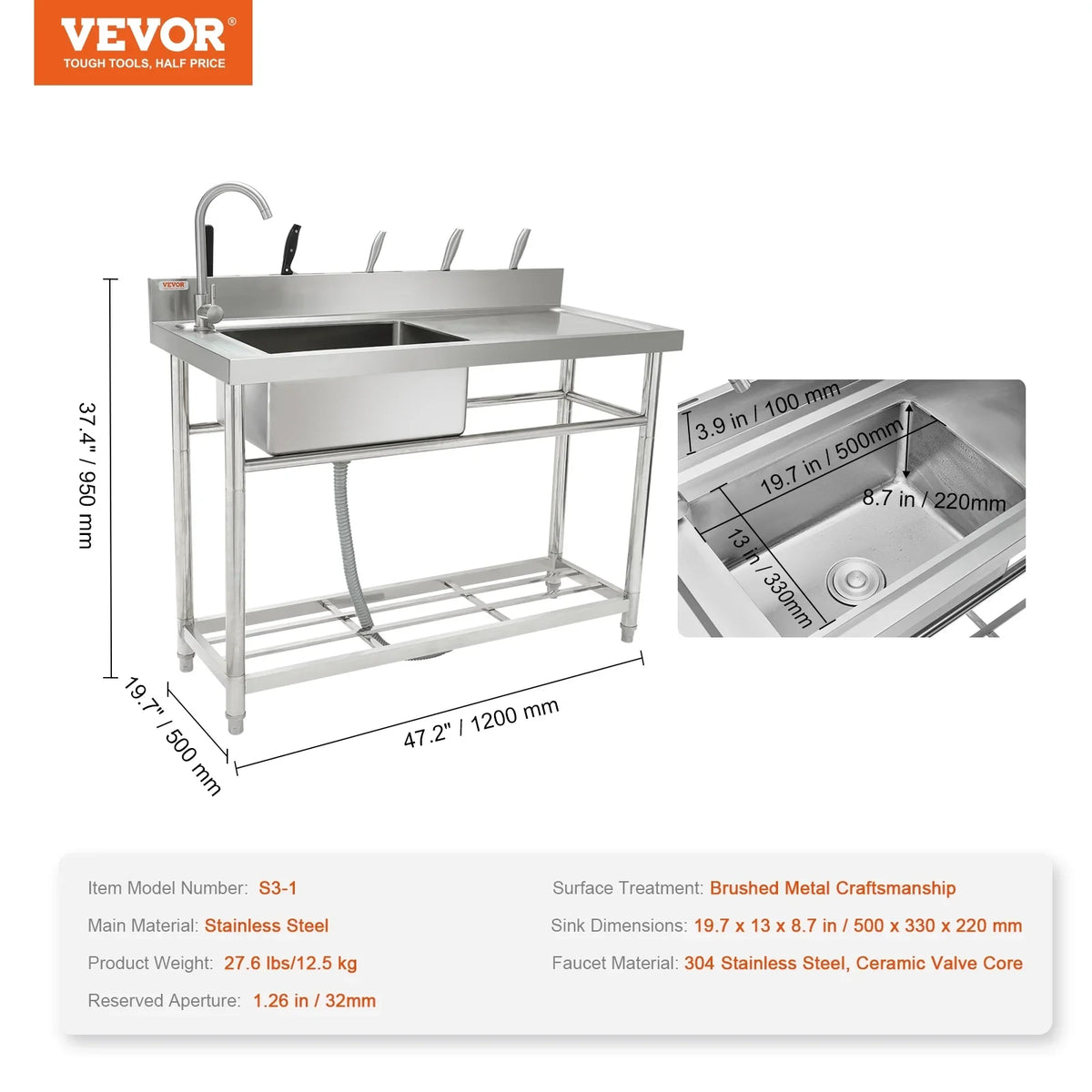 47.2x19.7x37.4 in Steel BENTISM w/Workbench Single Bowl Utility Sink Stainless