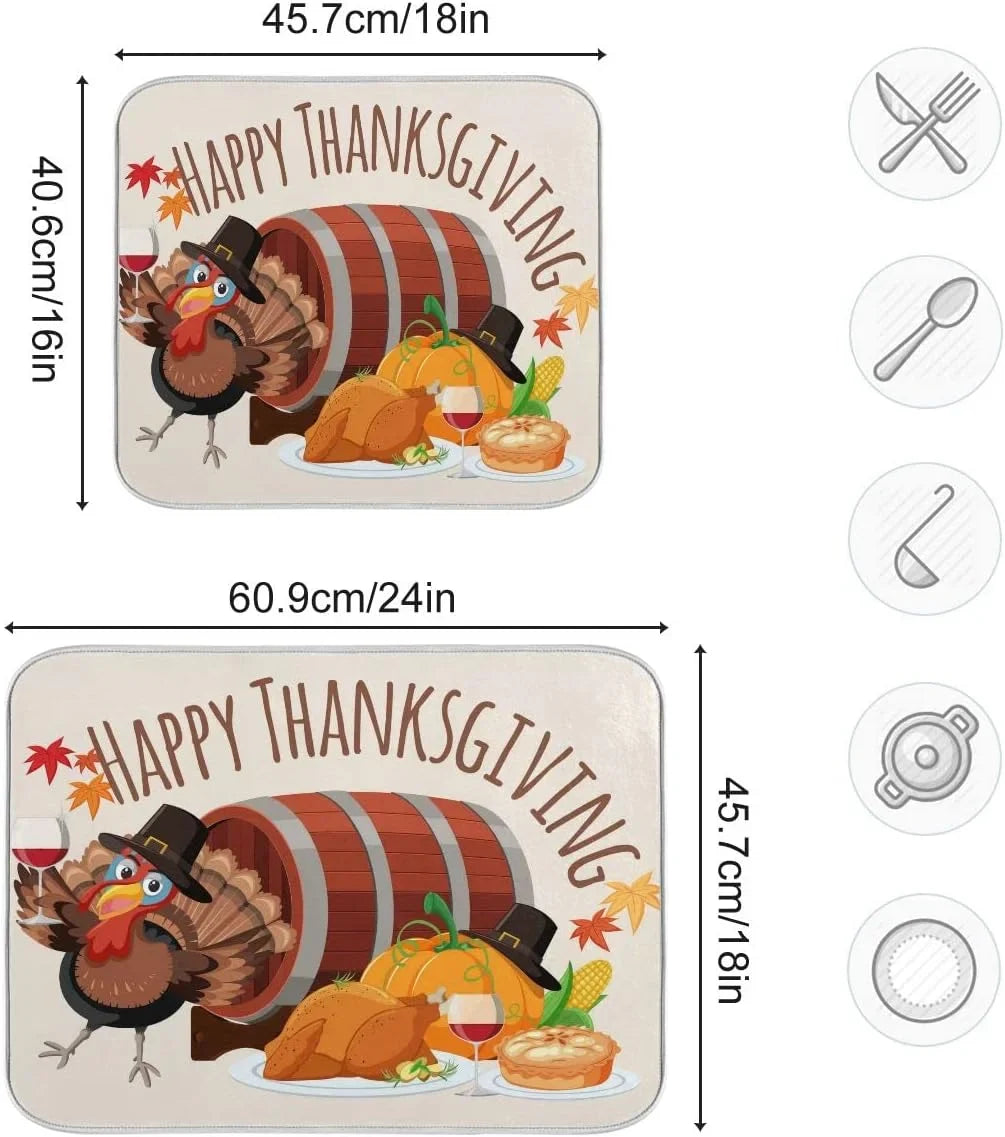 Dry Kitchen Autumn Turkey Dish Thankgiving Harvest Wellsay Fall Accessories Dish Drainer Dishes 16x18inch Mat Rack Fast Counter Happy Pad Drying for Mats Absorbent