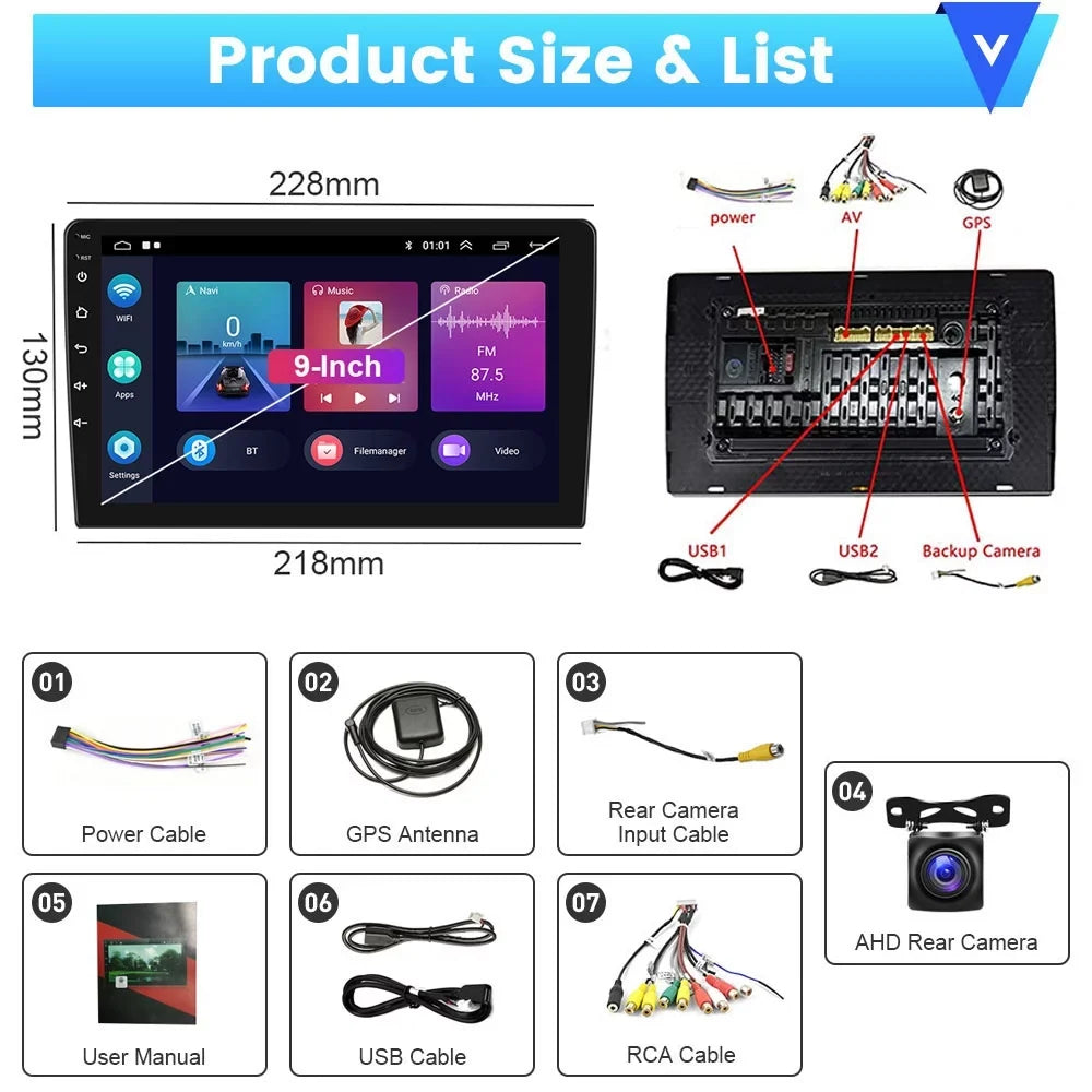 AHD FM Radio Backup HD Link 1080P 9'' 1+16G Bluetooth, Android 12 GPS Podofo WIFI Mirror Android Car Touchscreen Wireless DIN Carplay Camera Double Auto Stereo