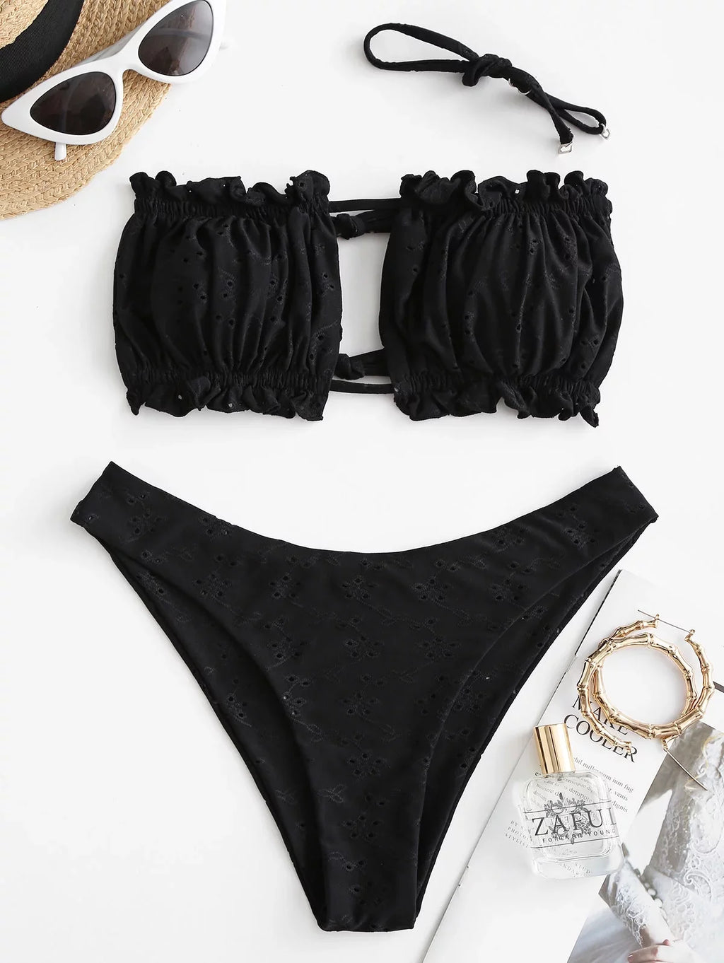 Ruffle Bathing Piece Cutout Sexy ZAFUL Swimsuit Ribbed Bandeau High Cut Suits Tie Bikini Womens 2