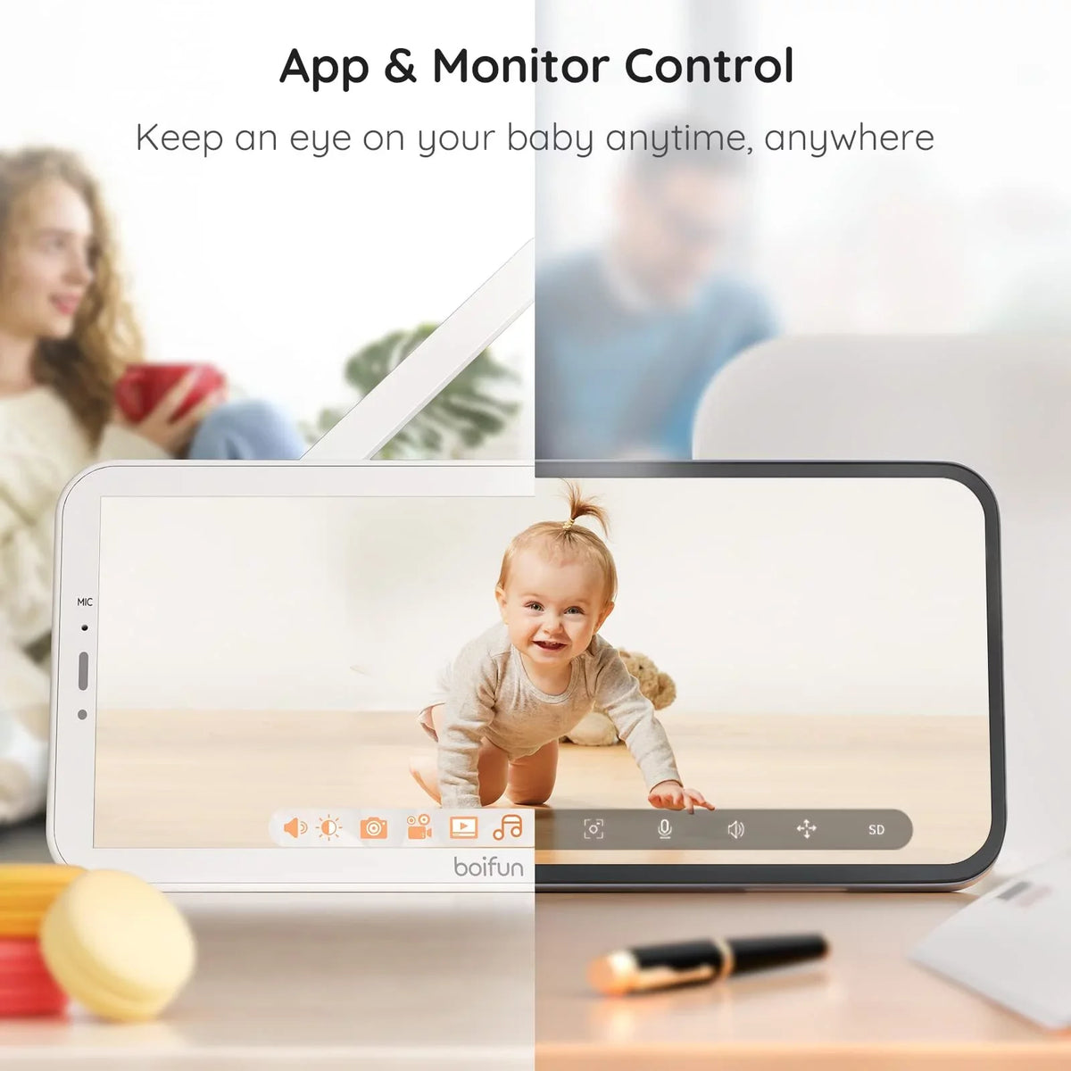 Detection 300M Monitor Night Video BOIFUN Vision, Monitor Remote & APP, Auto Motion Audio Smart Pan-Tilt-Zoom, Camera with Baby Baby with 5'' and Range, Long Track, 1080P, Two-way