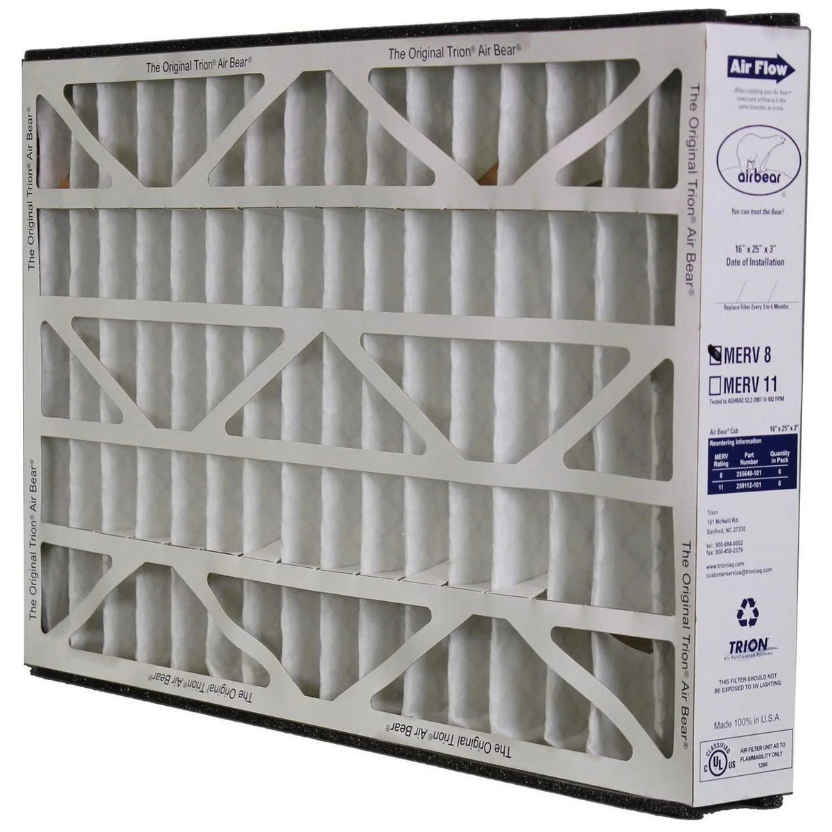 Purifier (6 Air Bear Pack) 255649-101 Air 8 MERV Inch Filter Trion 16x25x3