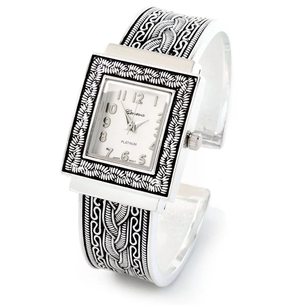 Bangle Metal Decorated Western Face Cuff Watch Women's Square Silver Style