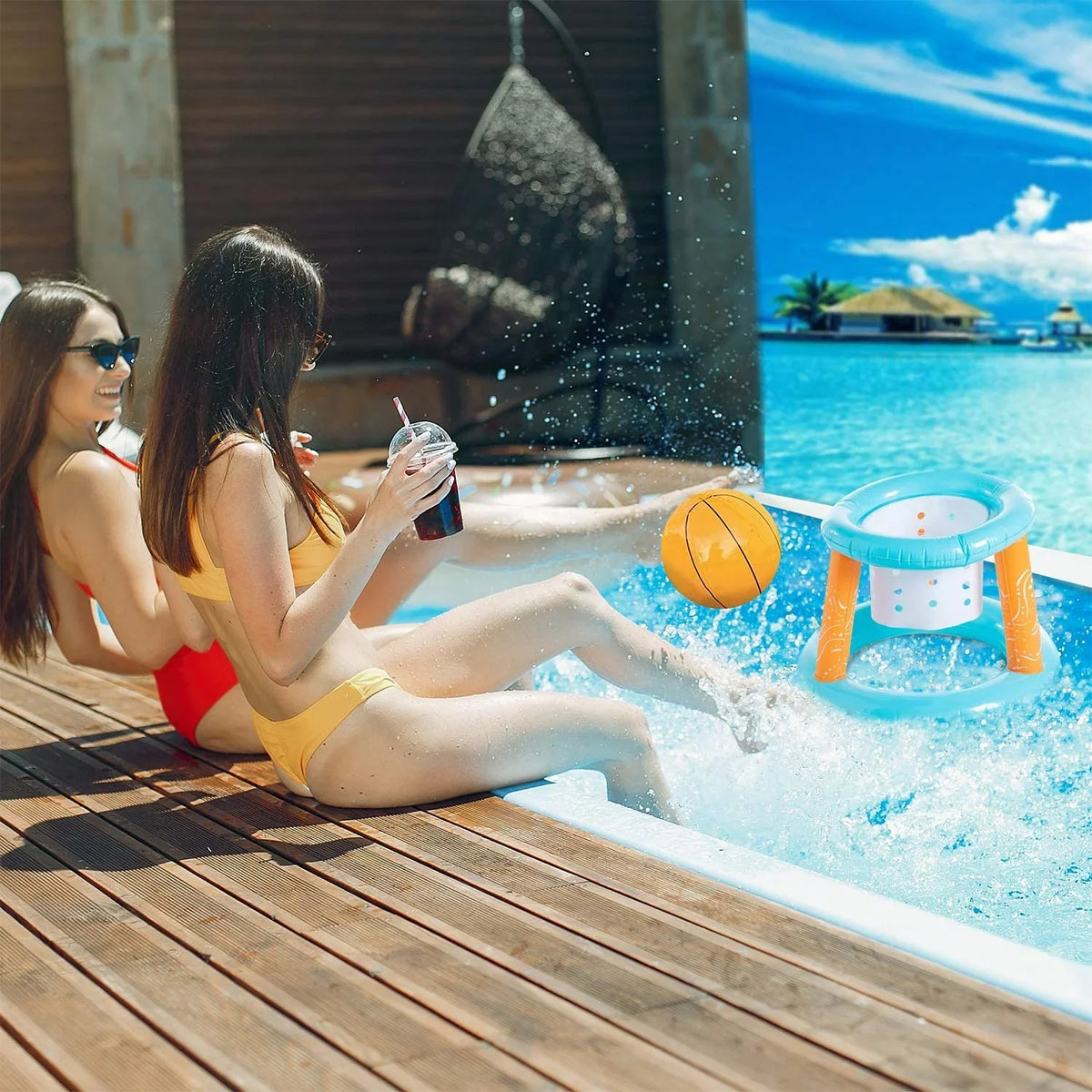'- Pool Blossom Light Hoop Games Blue Pool and Inflatable Net, Set Bags Volleyball with Basketball Swimming Family 2-in-1 Pool Pool | Floating for Weight