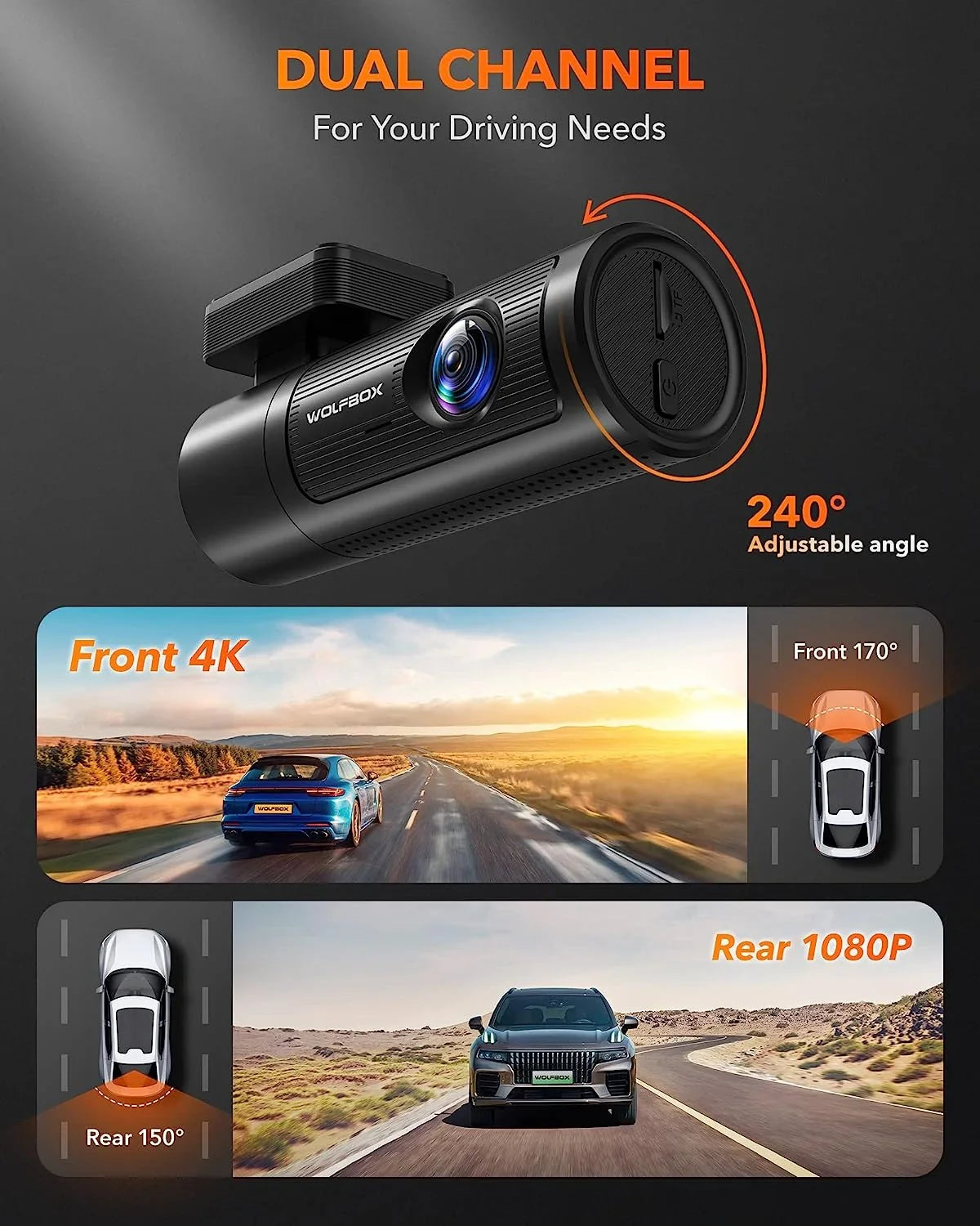 GPS Night Loop Rear UHD Dash 4K Dashcam 1080P WDR, Front and Rear, Recording and WiFi, Card, & DashCam Front WOLFBOX Car with Vision, with Free 32G Cam