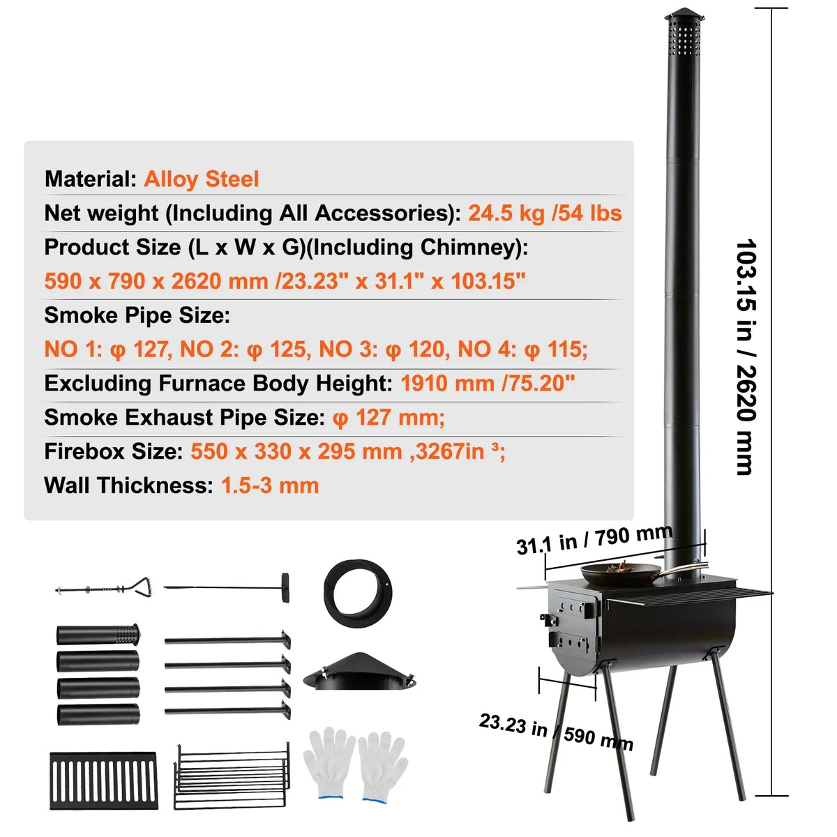 Tent Portable Stove w/ 118 BBQ Hot Pipes Camping for Stove Outdoor Wood SKYSHALO in