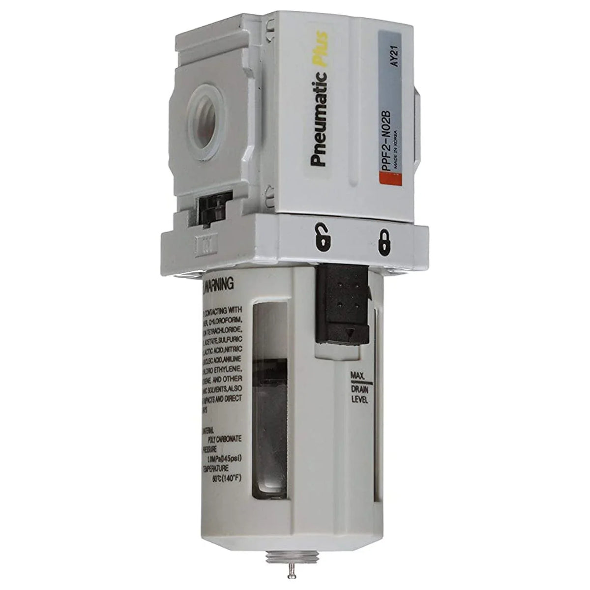 Compressed Miniature 1/4" 5 Air NPT Particulate Manual Poly Micron, Drain, PPF2-N02B - Bracket Bowl, PneumaticPlus Filter