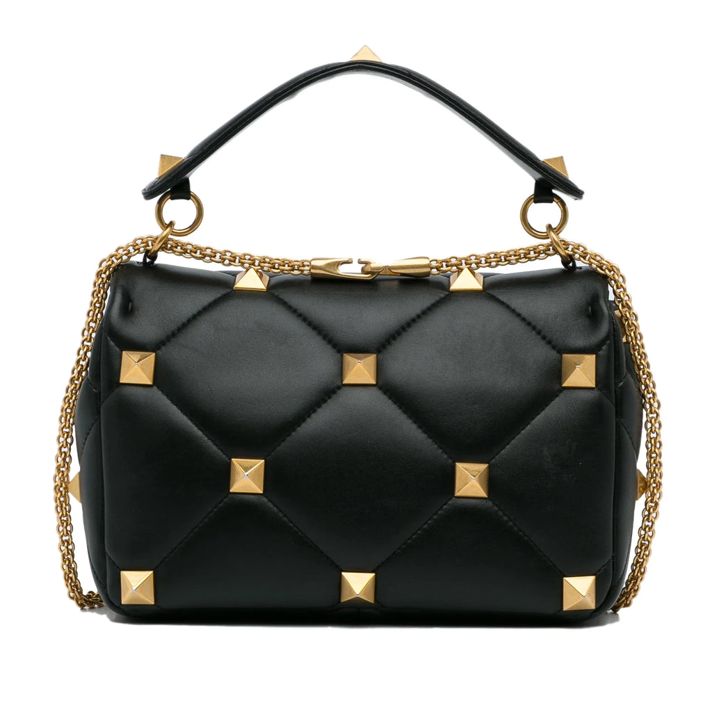 Pre-Owned Roman Stud (Good) Valentino Authenticated Leather Medium Unisex Satchel Black Calf
