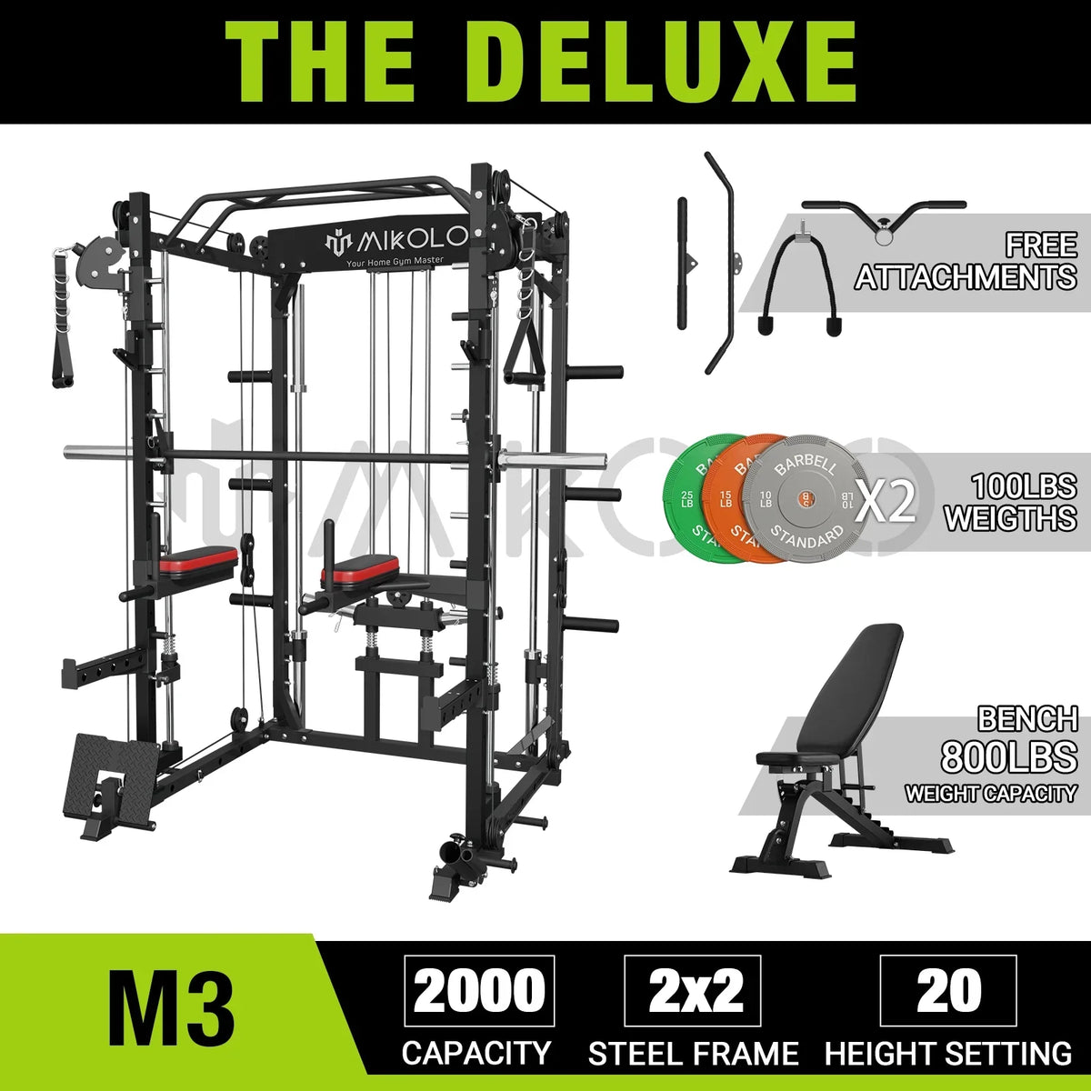 Total Weight Capacity Adjustable with Crossover, Gym, Smith 800LB lbs Cage Cage 100 Rack lbs Home Weight Plate, Machine Strength Cage Training with 2000 and Bench Cable Body Power Mikolo Smith