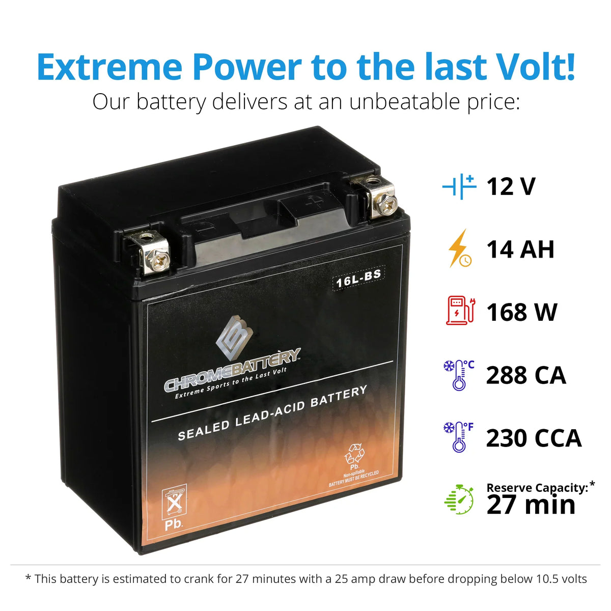 Volt,14 Battery Ski Kawasaki 230 CCA) Js550 Jet 550cc YTX16L-BS Chrome Battery 12 86-'95 Sx (16L-BS for Ah,