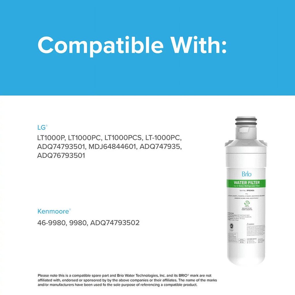 Refrigerator LGLT1000P, Compatible Water Brio ADQ74793501 Filter With Replacement LT1000PC, 6046A LT-1000PC, LT1000PCS,