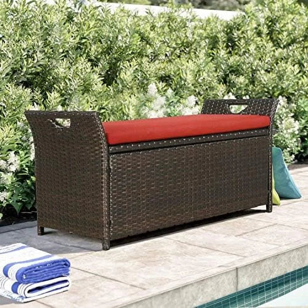 Deck YPZBBOOM Cushion Bench with Box Rattan Bins Wicker Patio Outdoor (Red)