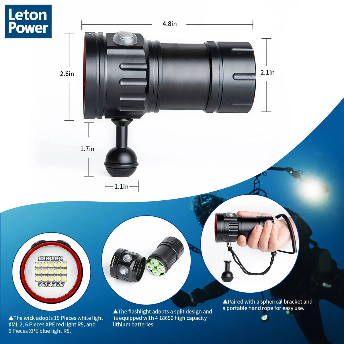Light 8000Lumens for Video Lights Shooting Flashlight B15 Scuba Flashlight Video Dive Sports,Underwater Underwater 80m Underwater Under Water Photography and Dive Light Diving