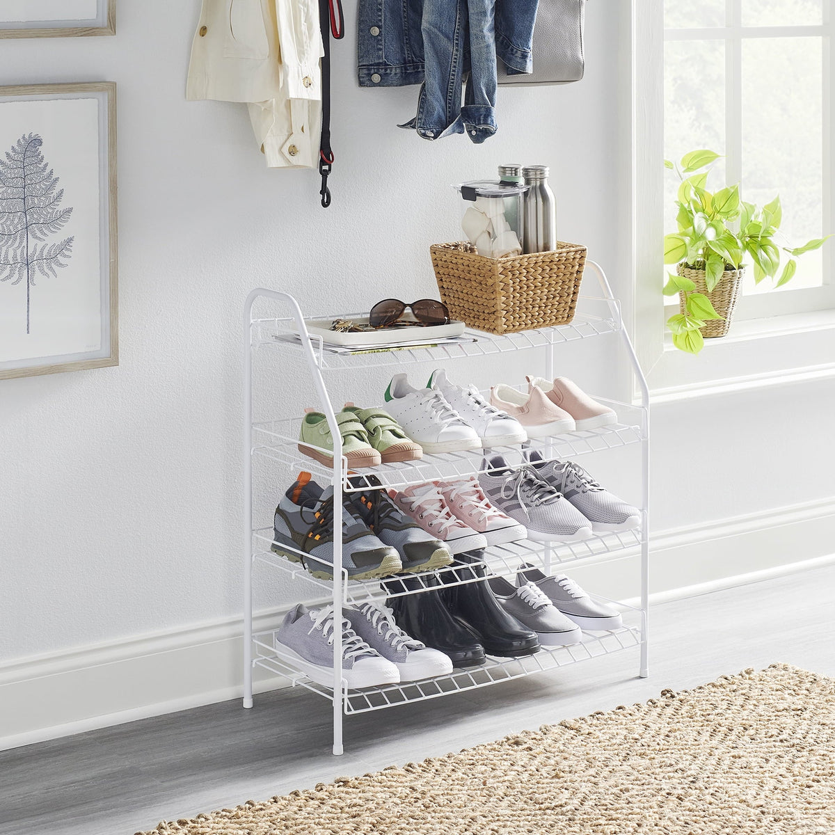 Rack Rubbermaid Freestanding Shelf 4-Tier Organizer, Wire and White Shoe
