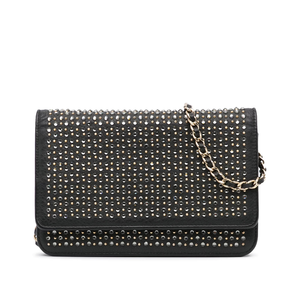 Leather (Good) Unisex Studded Calf on Black Authenticated Crossbody Wallet Pre-Owned Chain Bag