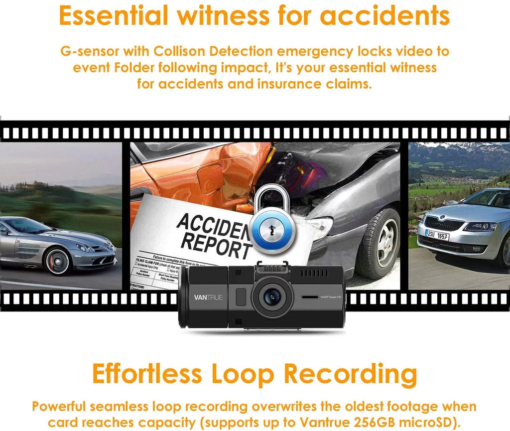 Night 1440P, Vantrue Front Pro and 1080P N2 Dual Parking G-Sensor, Single Dash 24hrs Loop Dash Vision, Uber Camera with Car Recording Camera Front Mode, Interior Cam,