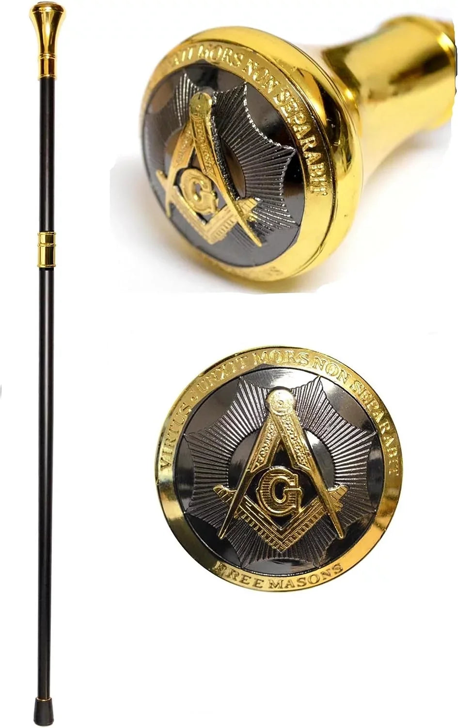High Handle, 37" 2-Tone Tip of Ball Compass with Piece Shaft, Top Walking On & Dividable Shaped Embossed Cane Base Metal Handle, Logo Alloy Rubber 2 The Square at Masonic Cane