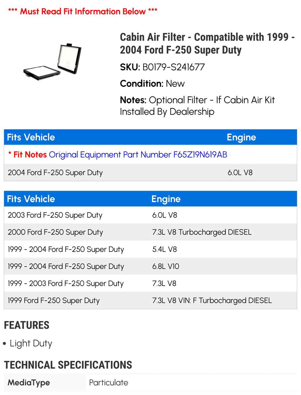 Super Duty Air 1999 2004 with - 2003 Compatible Cabin 2001 Filter 2000 - F-250 2002