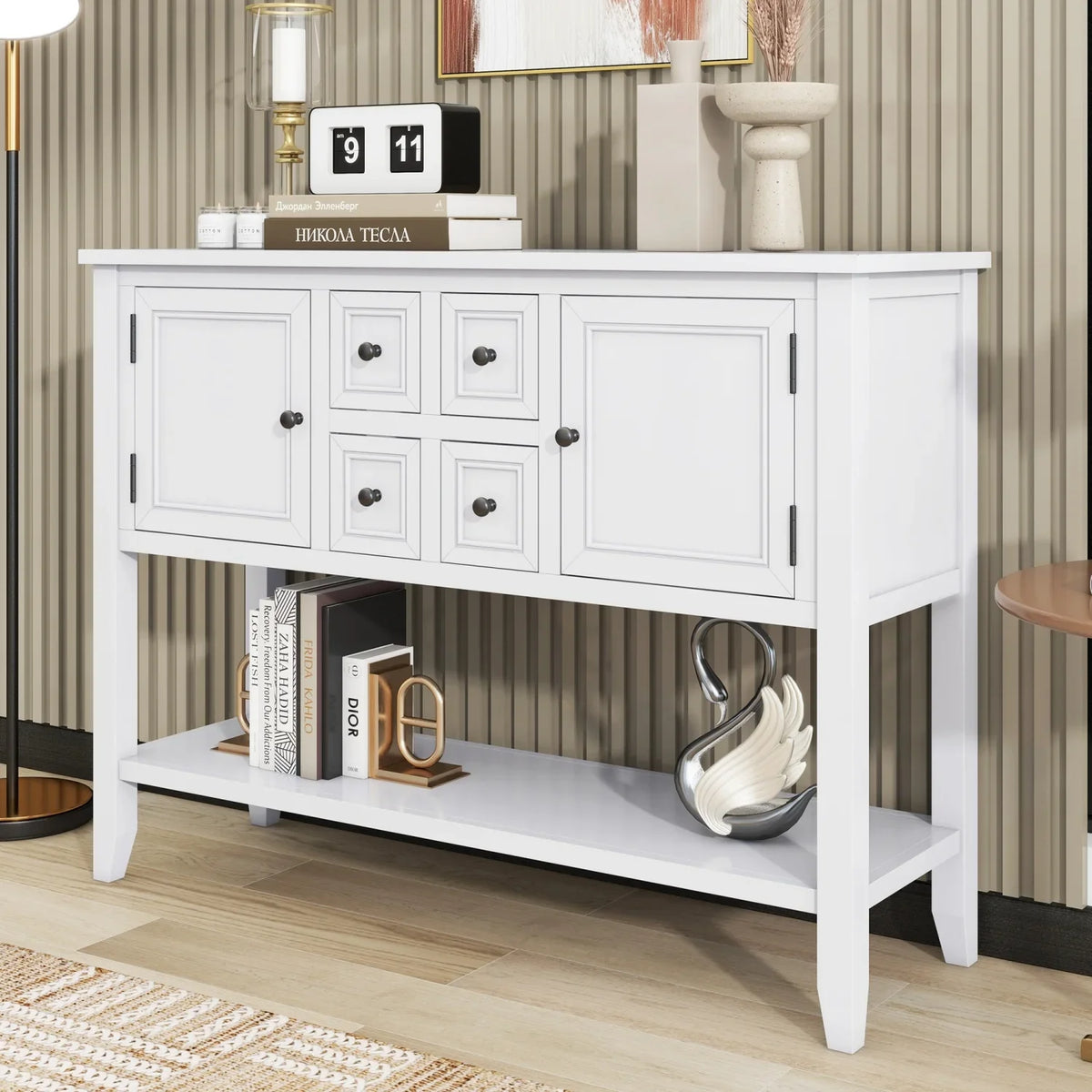 Navy Table WF190263AAH) Small Ample Kitchens TREXM Console Cambridge Storage SKU Drawers Bottom Four for Vintage and (Light with Entrances and Rooms Living Series Shelf OLD