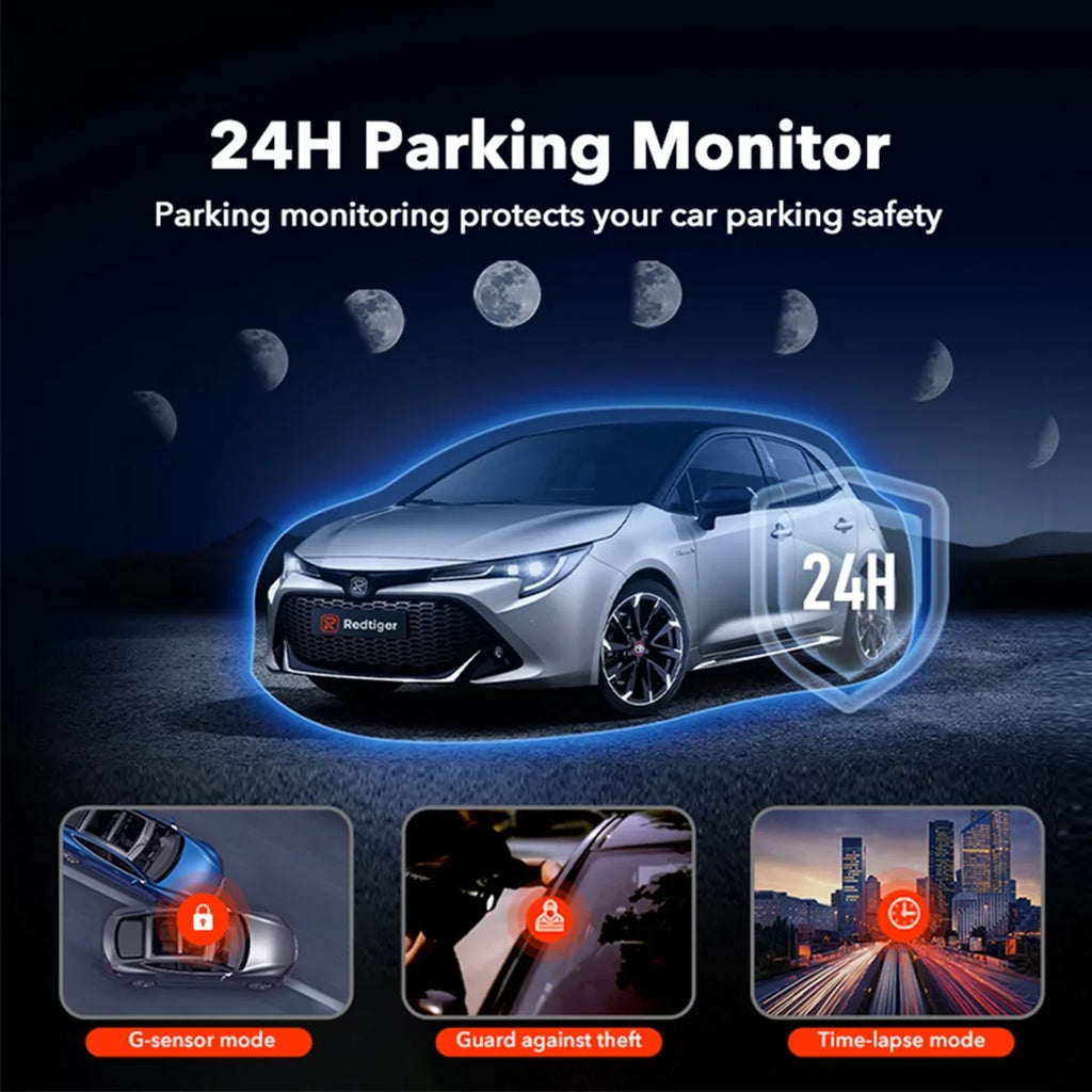 Wi-Fi LCD & Black Parking Cam, GPS, Dash Car 2160P Monitor, Camera, Screen, 24H REDTIGER 4K with Camera UHD Dash 4K 3.18"