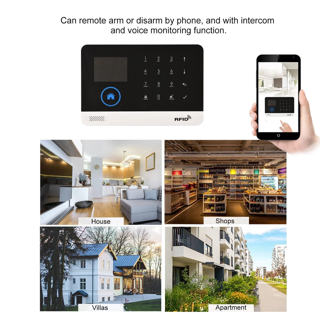 Remote Smart Motion Home Burglar Sensor Compatible Voice System Home Wireless LCD Display System Door WIFI Control APP Control Alarm with PIR 433MHz + Alarm Auto-dial GSM Sensor Phone
