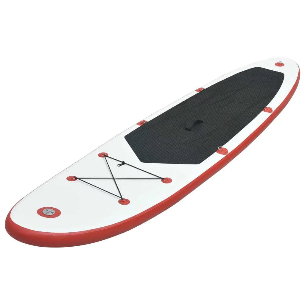 An Board Inflatable in Up Paddle Red White Set Stand and Striking Surfboard -