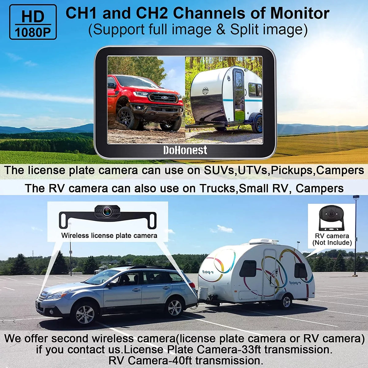 Play DoHonest Install V Backup for Channel Night Stable Wireless 7-Inch: Car Auto-Switching Bluetooth Monitor Easy Camper and vision Reverse Cam Truck Pickup Van Camera HD 2 Plug Kit Signal to 1080P