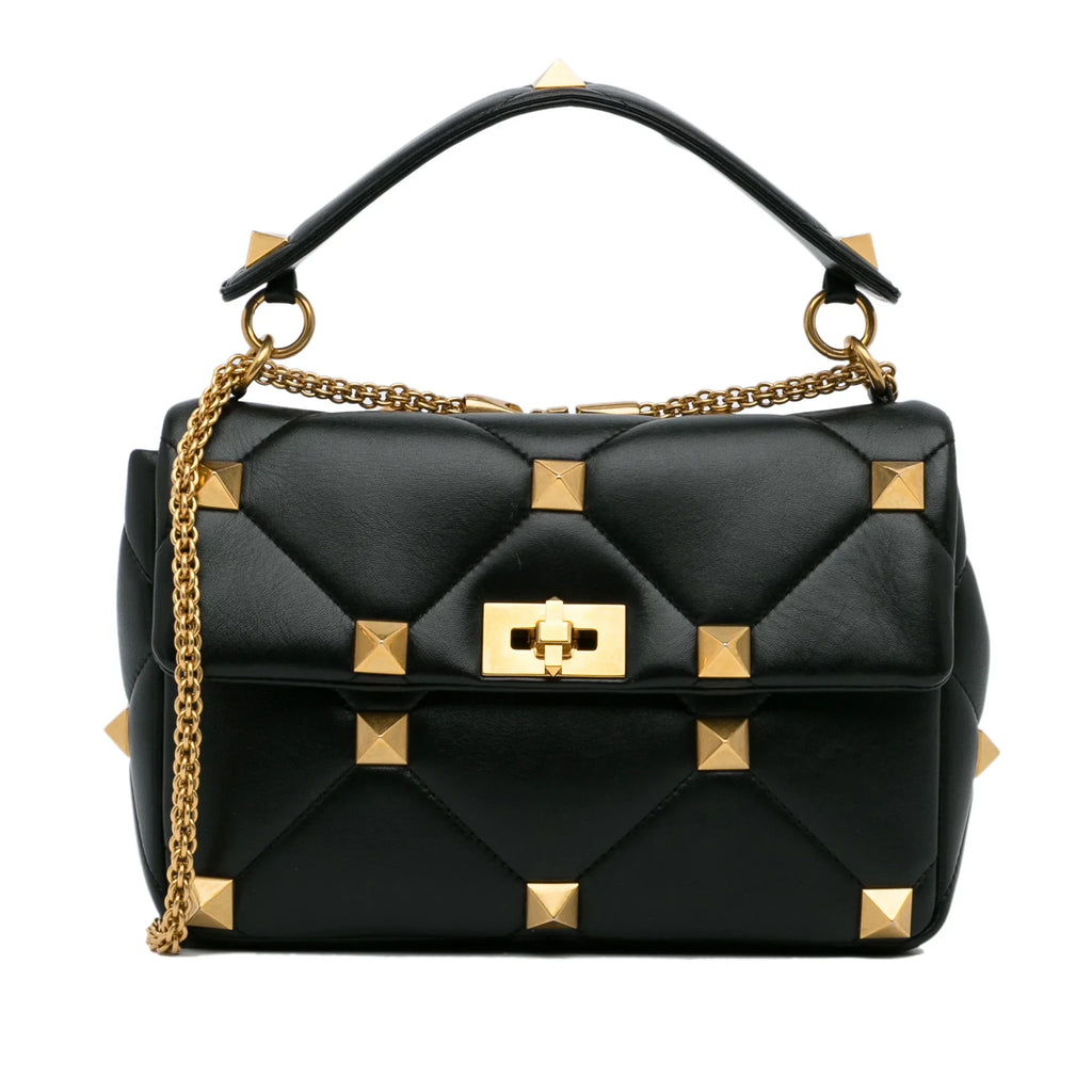 Pre-Owned Roman Stud (Good) Valentino Authenticated Leather Medium Unisex Satchel Black Calf