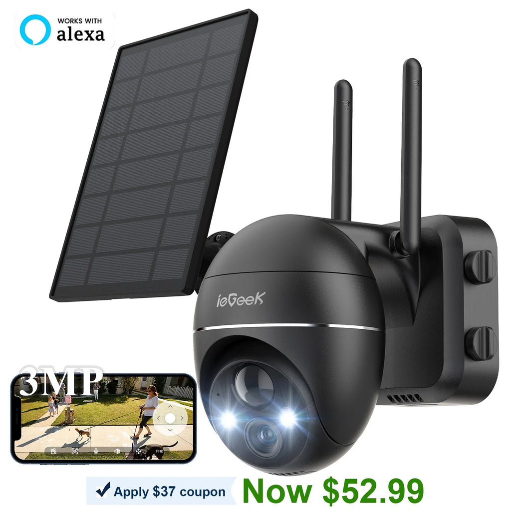 Outdoor Night PIR Camera Solar Outdoor Security 2K/3MP & PTZ Alexa Motion Detection, Surveillance with Work Color 360° Vision, View, Spotlight Camera WiFi, Siren, with Wireless