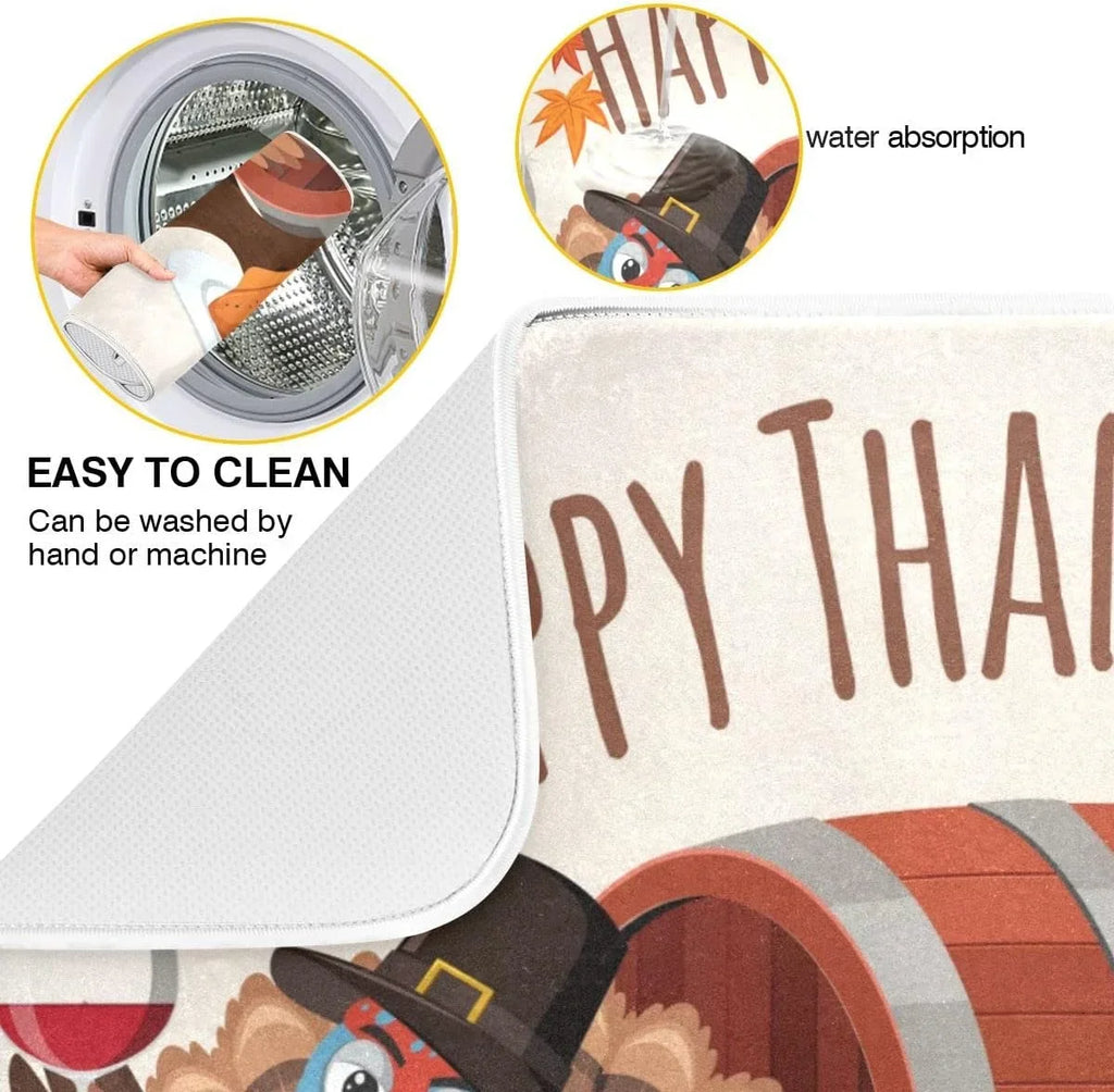 Dry Kitchen Autumn Turkey Dish Thankgiving Harvest Wellsay Fall Accessories Dish Drainer Dishes 16x18inch Mat Rack Fast Counter Happy Pad Drying for Mats Absorbent