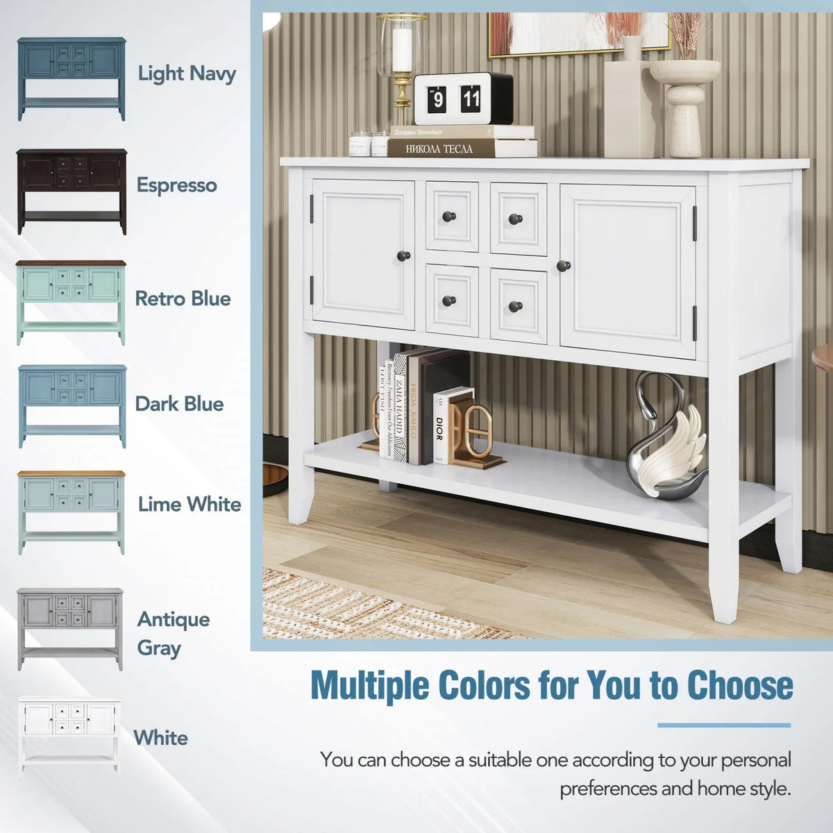 Navy Table WF190263AAH) Small Ample Kitchens TREXM Console Cambridge Storage SKU Drawers Bottom Four for Vintage and (Light with Entrances and Rooms Living Series Shelf OLD