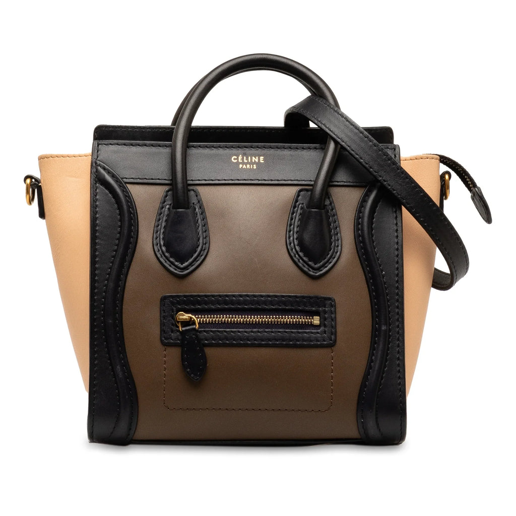 Tricolor Luggage Tote Authenticated Calf Pre-Owned Brown Satchel Leather Celine Nano Unisex (Good)