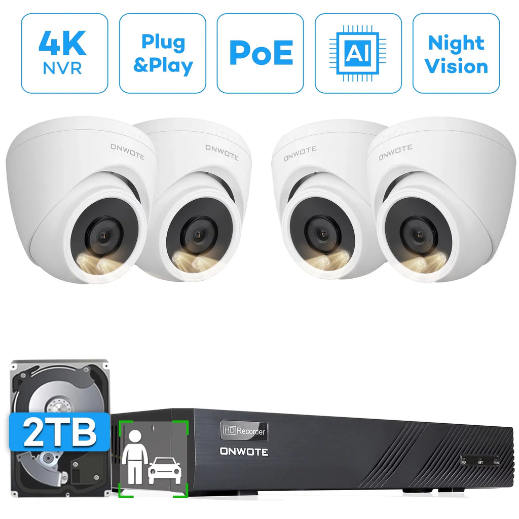 System, Vehicle AI System Color IP Pcs with Human 6MP 8 for Home ONWOTE Outdoor Business 8CH PoE Channel Detection Cameras, Wired PoE Vision, 122° NVR Camera Security HDD, 4 4K 2TB 4K Night