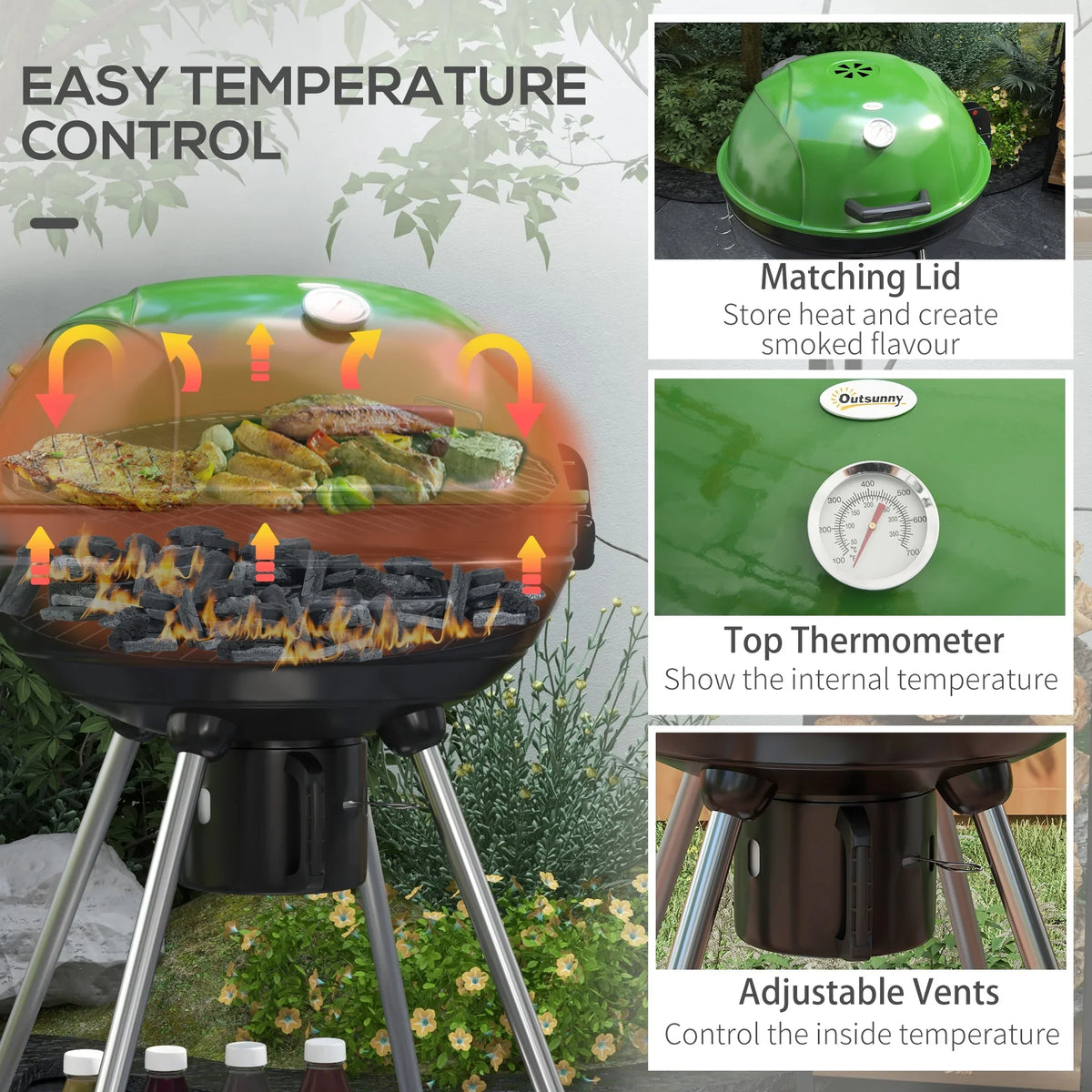 Outdoor Kettle Area, Cooking Wheels, Trolley Charcoal 360 with Party, and Green CoSoTower with Catcher Backyard 21" Thermometer Barbecue Ash Sq.In. Patio, for BBQ Shelf, Grill Built-In